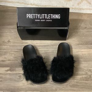 Black feathered like woman slides/slip ons